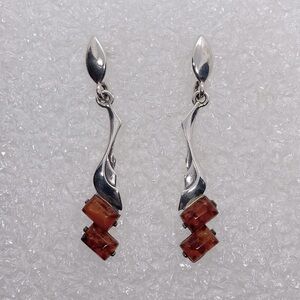 Vtg Sterling & Cognac Amber Art Nouveau Style Dangle Stud Post Earrings 1.6”